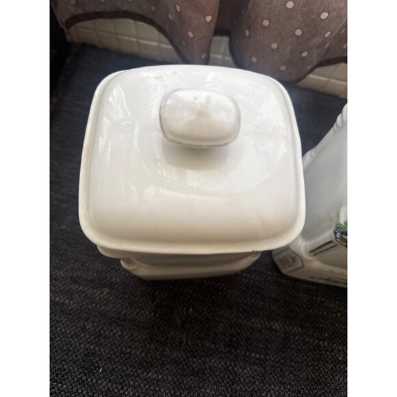 Vintage Ceramic Rice & Sugar Kitchen Canisters With Floral Design & Lids - Picture 4 of 16